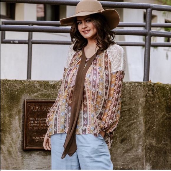 entro Tops - Neck Tie Blouse Boho Aztec Print Top